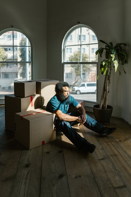 A man with curly hair and medium skin tone sitting on a wooden floor inside a room with large arched windows, which allow natural daylight to illuminate the space. He is wearing a blue t-shirt and dark jeans. Next to him are several cardboard boxes, some sealed with red tape, indicating they are packed for moving. A tall potted plant with broad green leaves is positioned near the window on the right side of the image. The room appears to be in the process of house relocation or packing, with the boxes ready for transportation. The visible furnishings, natural lighting, and the presence of packed boxes reflect a home moving or packing scenario, consistent with services offered by companies like Man and Van Eastcote, specialising in removals and furniture transport.