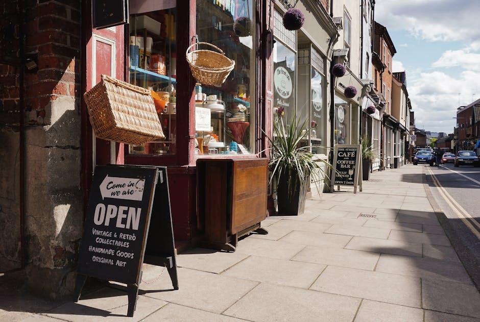 Photograph of a small retail shop on a street, with a large black signboard displaying 'OPEN' and additional text about vintage, retro collectibles, handmade goods, and original art outside the shop. The shop window is filled with various decorative items, ceramic dishes, baskets, and glassware, with some objects positioned on shelves behind the glass. A wicker basket hangs from a hook on the window frame, and there is a wooden cabinet under the window. To the right of the shop front, a large potted plant with long, spiky leaves is placed on the sidewalk. The street features a row of similar shops with glass windows and signage, and a few cars are visible in the distance. The sky is partly cloudy, with soft natural light illuminating the scene, typical of a daytime home relocation or moving logistics environment supported by Man and Van Eastcote, with the context of packing and moving visible through the arrangement of objects and street setting.