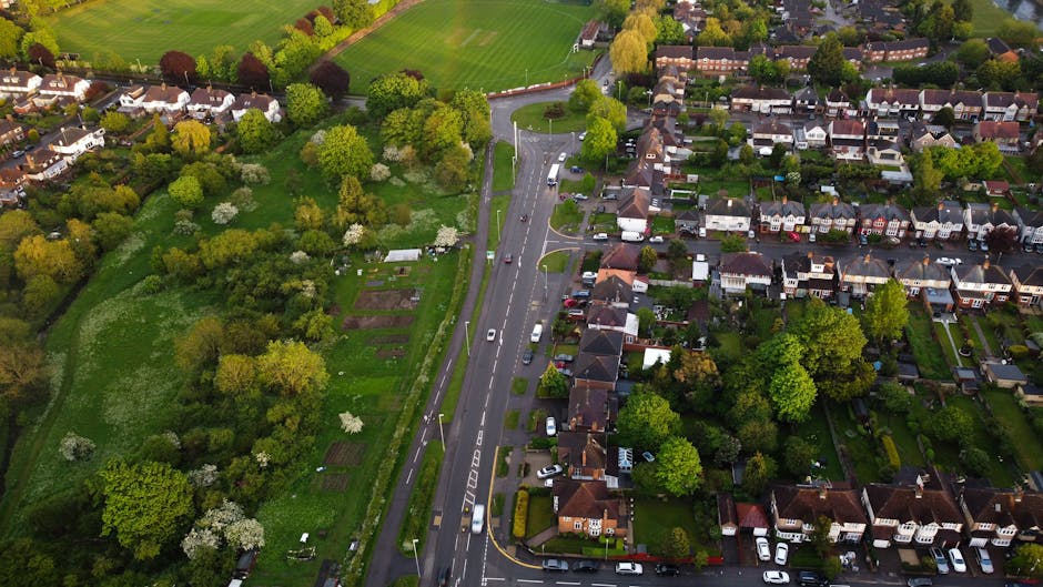 An aerial view of a residential neighbourhood showing a tree-lined street with parked cars along both sides, surrounded by a mixture of terraced and semi-detached houses with front gardens. To the left, there is a large green park or open space with scattered trees, and garden plots visible within it. The scene captures a typical suburban area in daylight, with natural lighting and clear weather, illustrating the environment where a small flat removal on Field End Road might take place. Man and Van Eastcote occasionally operates in areas like this to facilitate home relocation, including furniture transport and packing and moving services, in a professional. neutral manner.